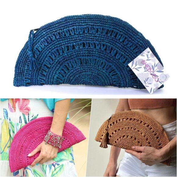 Shebobo Boho Crochet Straw Raffia Summer Bag Large Clutch Tassel Zipper Blue - Picture 1 of 6